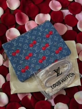 ♡♡♡ Denim Cherry Monogram Coussin Bag - Blue & Red 10x8